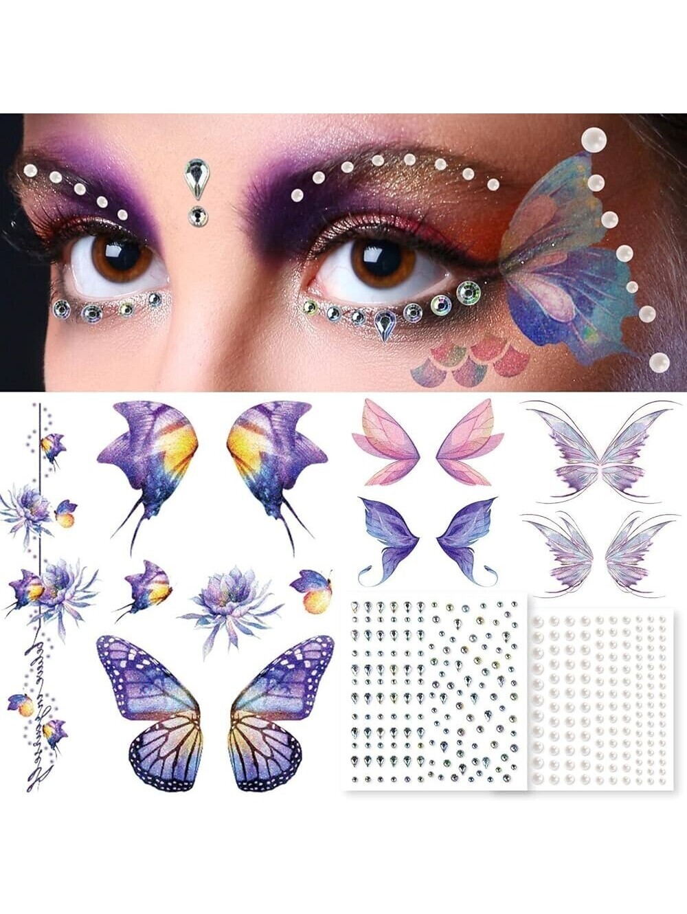 6 Sheets Purple Glitter Butterfly Temporary Tattoos Fantasy And Stones